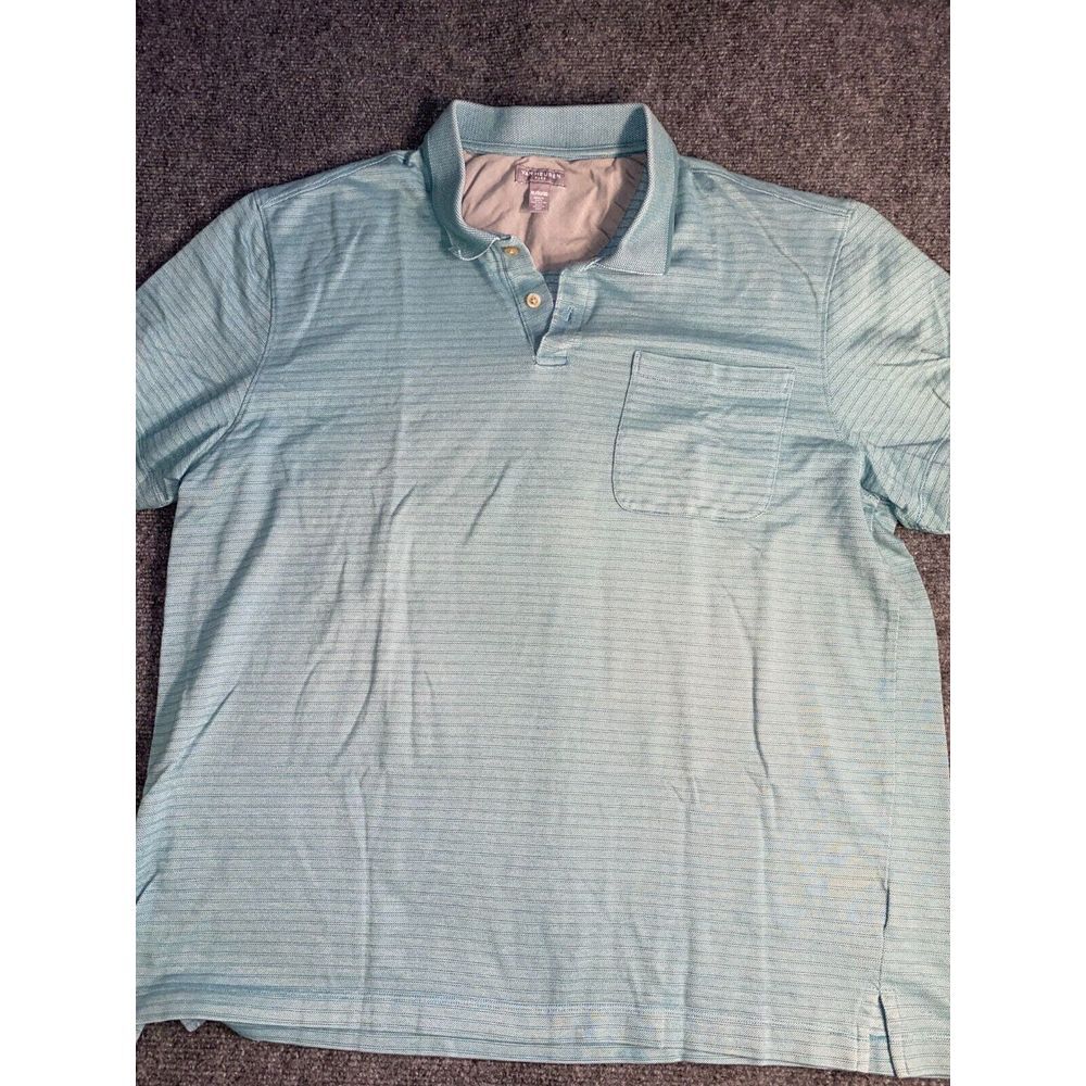 Van Heusen Polo Shirt Mens XL Green Flax Striped Golf Performance Slit Collared